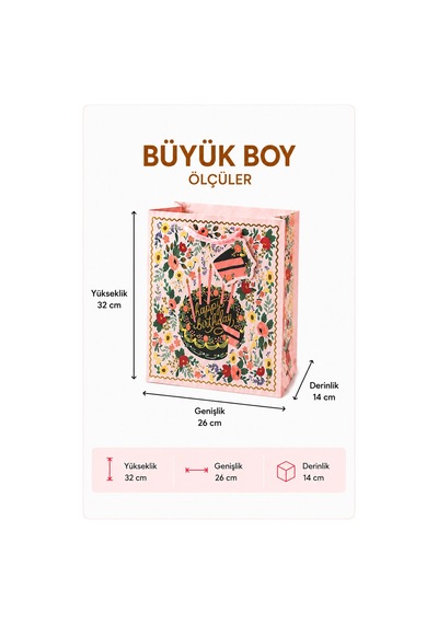 5 Adet 32 X 26 X 14 Cm - Doğum Günü Pastalı Çiçek Desenli Büyük Boy Karton Hediye Çantası 3+
