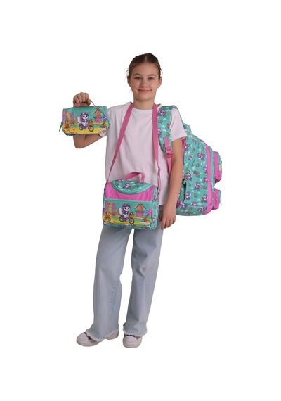 Kaukko Kids Cat Bike Yeşil - Pembe Renk Kız Çocuk Üçlü İlkokul Okul Çantası Seti/takımı - Setkk-l5328a Çok Renkli
