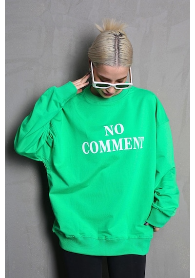 Madmext Açık Yeşil Bisiklet Yaka Baskılı Oversize Kadın Sweatshirt Mg1902 Açık Yeşil