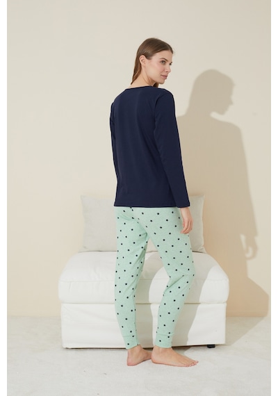 Siyah İnci Pamuklu Örme Pijama Takım 24240130 Lacivert