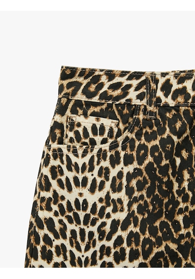 Koton Taş Detaylı Yüksek Bel Pamuklu Mini Leopar Etek Leopar Desenli 6sal70016mw