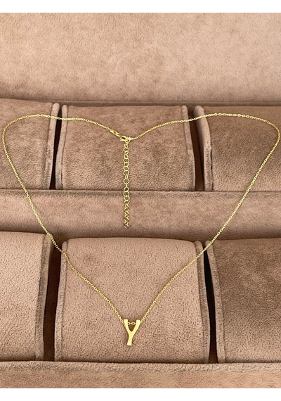 925 Ayar Gümüş Gold Renk Y Harfi Kolye Harfli Kolye 45cm