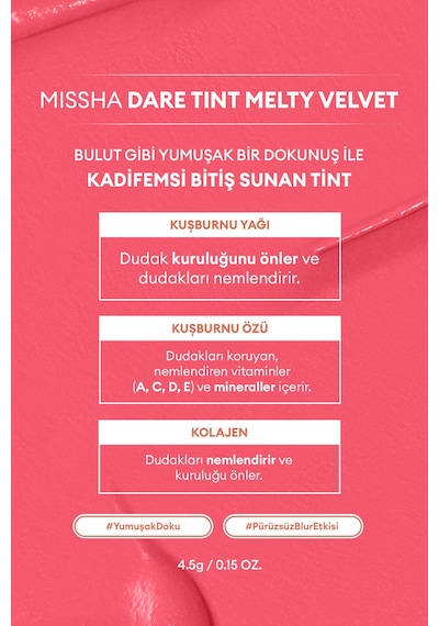 Uzun Süre Kalıcı Bulaşma Yapmayan Kadifemsi Bitiş Sunan Tint Dare Tint Melty Velvet Rose Letter 0