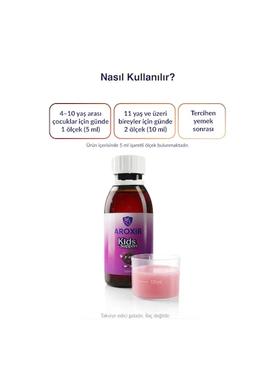 Aroxir Kids Support Aronya Vitamin C Beta Glukan ve Çinko İçerikli Takviye Edici Gıda 150 ML
