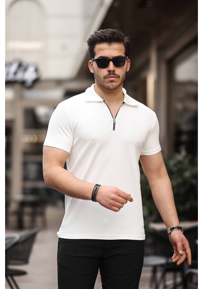 Eg38 Yarım Fermuar Polo Yaka Tşört Beyaz