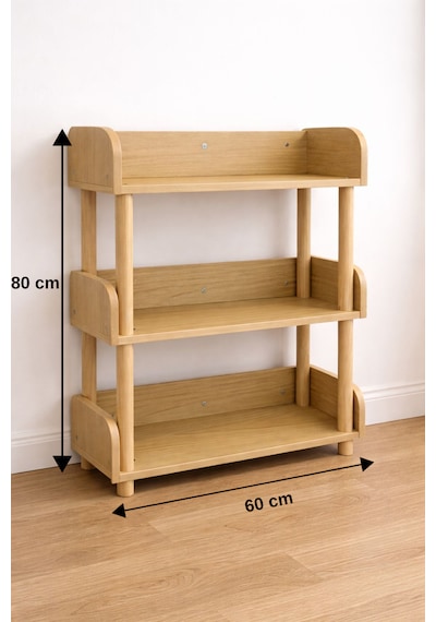 Pureza Ahşap Çocuk Kitaplık & Oyuncak Rafı 3 Katlı Çok Amaçlı Düzenleyici 60x80 CM Meşe
