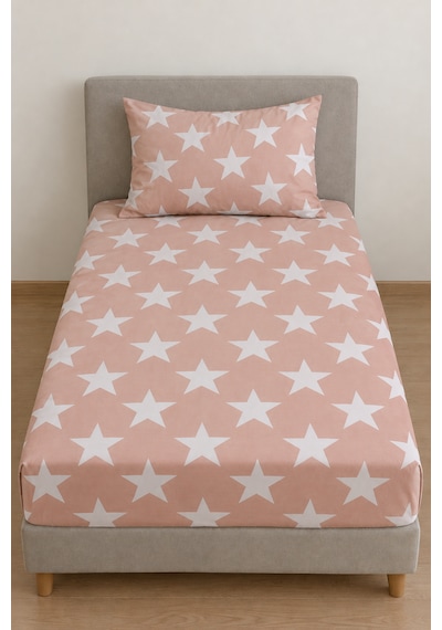 Maki Home %100 Pamuklu Yıldız Desen Temalı Pembe 100x200+50x70 Cm Tek Kişilik Derin Yüksek Kenarlı Lastikli Çarşaf Seti