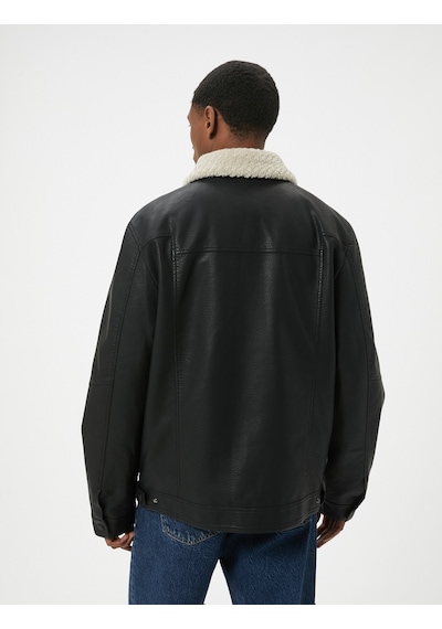 Koton Suni Deri Ceket Yakası Kürklü Cepli Fermuarlı Astarlı Slim Fit Siyah 5wam20085hw Siyah