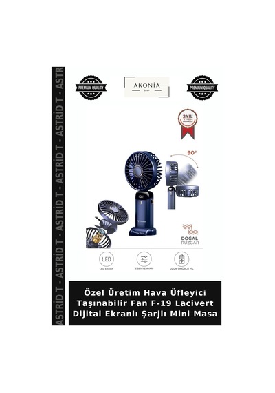 Özel Üretim Hava Üfleyici Taşınabilir Fan F-19 Lacivert Dijital Ekranlı Şarjlı Mini Masa