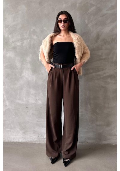 Kahverengi Çift Pileli Kemerli Pantolon Mg2330 Kahverengi