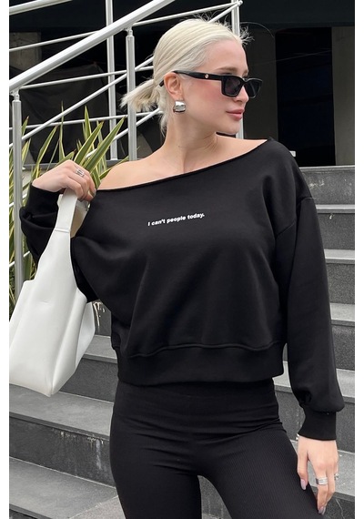 Siyah Kayık Yaka Baskılı Kadın Sweatshirt Mg2205
