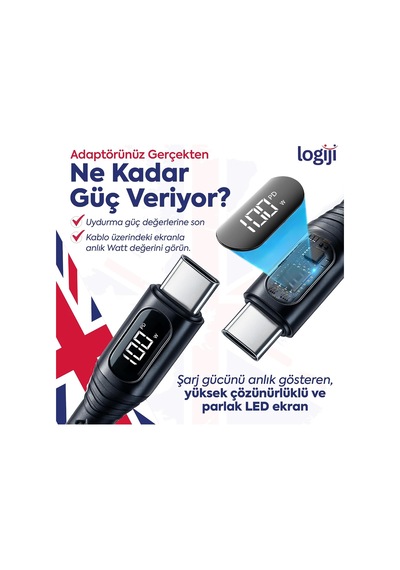 Lexroo 100w Type-c To Type-c Dijital Led Ekranlı Göstergeli Hızlı Şarj Kablosu E-mark Çipli Standart