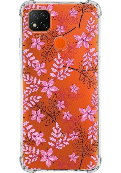 Xiaomi Redmi 10a Köşe Korumalı Antişok Kapak Floral Pembe Tasarımlı Şeffaf Silikon Kılıf