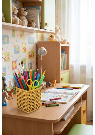 Plentiful Kare Hasır Dokulu Plastik Rattan Kaşıklık & Çatallık Askılı Kendiliğinden Tutmalı Çok Amaç Sarı