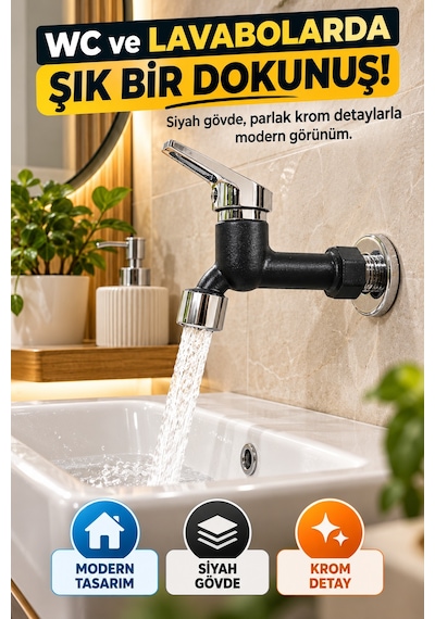 Siyah Plastik Bahçe Wc Musluğu Filtreli Perlatörlü Tek Kollu Aç Kapa Duvar Tipi Lavabo Su Musluğu Ev