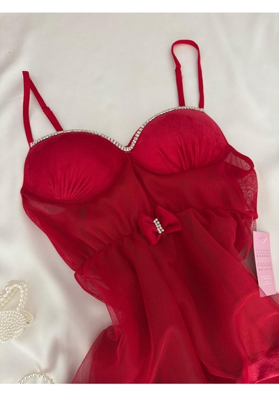 Mh Moony Homewears Kutulu Kıpkırmızı Kadife Lüks Taş Detay Gecelik Kırmızı