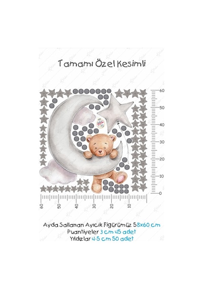Ayda Sallanan Sevimli Ayıcık Puantiye Ve Yıldızlar Çocuk Bebek Odası Sticker Seti