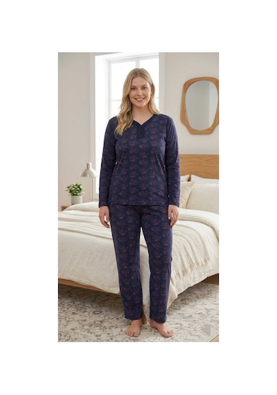 Eyfuze Kadın Büyük Beden Desenli Yakası Düğmeli Uzun Kollu Bambu Pijama Takımı Lacivert-2 Eyfuze Kadın Büyük Beden Desenli Yakası Düğmeli Uzun Kollu Bambu Pijama Takımı Lacivert-2