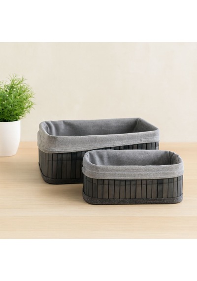 Gri Bambu Kenarlı Dikdörtgen Organizer Sepet 25x14 / 28x18 Cm - Ahşap Taban, Bezli Çok Renkli