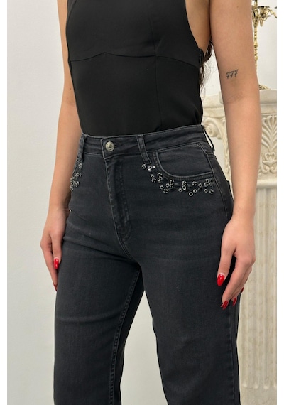 Lacarino 7984 Wide Leg Kadın Jean Pantolon Siyah Taşlı