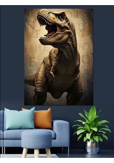 Taş Devri Korkunç Dinozor T-rex Dekoratif Kanvas - Mdf Ahşap Tablo