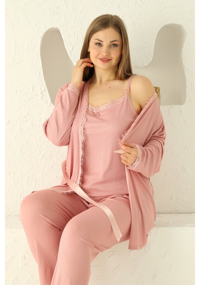 Nisanca Sabahlıklı Dantel Detaylı Pegasus Kadın Pijama Takımı-çeyizlik Takım- Geniş Beden Aralığı Pudra