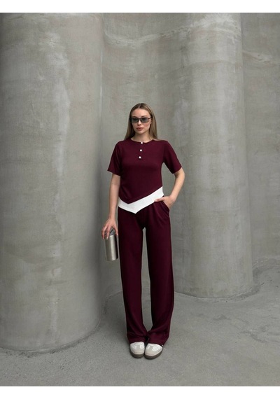 Kadın Modal Kumaş Düğme Detaylı Alt - Üst Takım Bordo