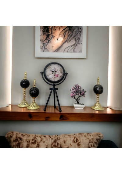 Siyah Metal Ofis Salon Otel Ayaklı Masa Saati 26 45 Cm M5