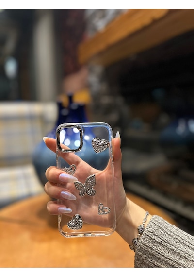 İphone 13 Pro Max Uyumlu Kalp Ve Kelebek Desenli Darbeye Karşı Dayanıklı Kılıf Plastıc Cover Gümüş
