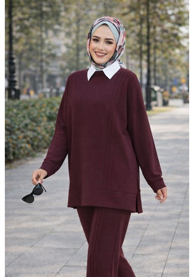 Esra Butik78 Mürdüm Siyah Taş Çimalı Tesettür İkili Takım Tunik Pantolon Şık Rahat Bordo