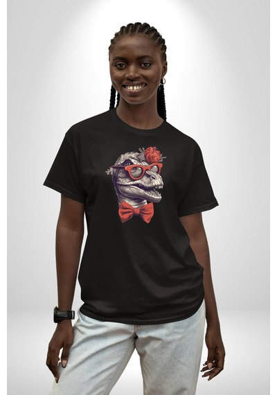 Kırmızı Gözlük Papyon Dinazor Pamuklu Bisiklet Yaka Unisex Oversize Boyfriend Dijital Baskılı Siyah T-shirt Siyah