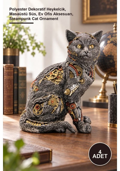 4 Adet Steampunk Kedi Figürü Polyester Dekoratif Heykelcik, Masaüstü Süs, Ev Ofis Aksesuarı, Steampunk Cat Ornament 1