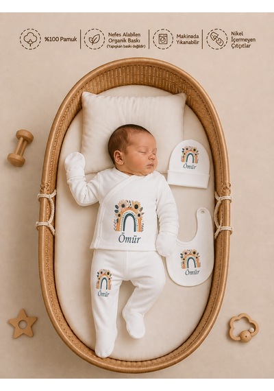Pia Baby Kız Bebek Hastane Çıkışı 12 Parça %100 Pamuk İsme Özel Organik Baskılı Kese Hediyeli 100411k0x Ekru