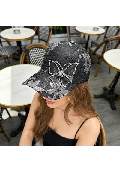 Valkyrie Kadın Siyah Dantel Şapka Taş İşlemeli Çiçek Detaylı Ayarlanabilir Baseball Cap Yazlık Şapka