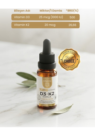Erbatab D3 K2 İkisi Bir Arada Damla Vitamin 20 ML
