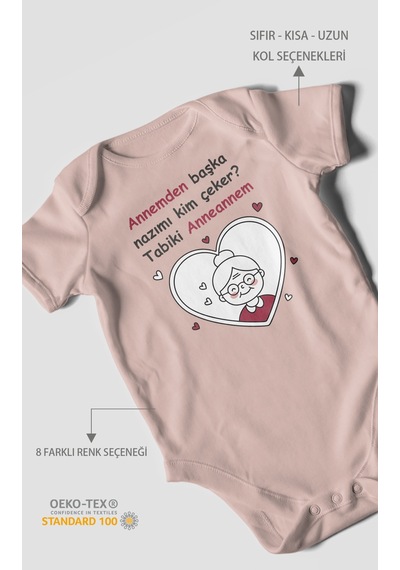Annemden Başka Nazımı Kim Çeker Tabiki Annanem Baskılı Bebek Zıbını Çıtçıtlı Body Kısa Kol Pastel Pembe