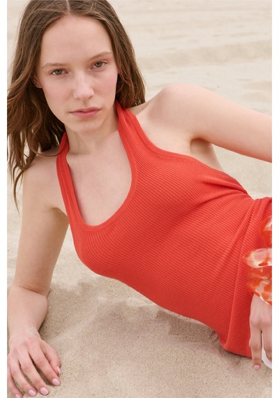 Suud Collection Turuncu Estel Halter Dökümlü Triko Bluz