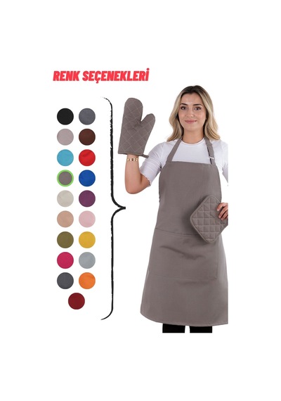 Simple 3lü Set Ayar Askılı Mutfak Önlüğü Seti Eldiven, Tutacak Antrasit