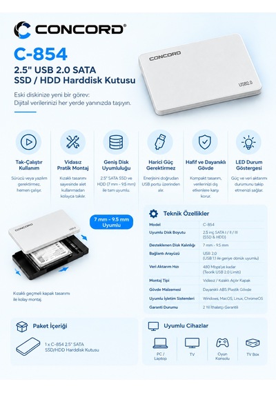 C-854 2.5 Inch Usb 2.0 Sata Ssd / Hdd Harddisk Kutusu