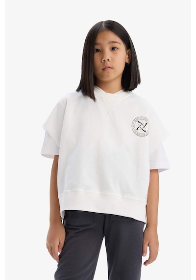 DeFacto Kız Çocuk Oversize Geniş Kalıp Bisiklet Yaka Kısa Kollu Baskılı Sweatshirt E1879A825SMER85 Ekru