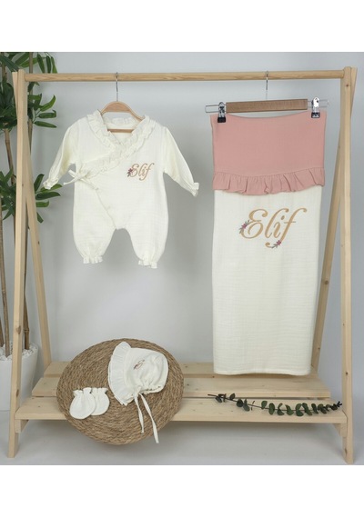 Gros Shop Müslin Yeni Doğan 4katlı Organik %100pamuk Kişiye Özgü Nakışlı Hastane Çıkış Seti Papatya Model-7 Ekru-2