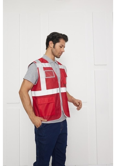 Orange Safety Mühendis Tipi Fileli İkaz Yeleği Kırmızı