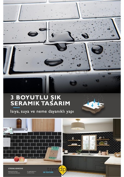Trendpoint 3d 30 30cm Mutfak Tezgah Arkası Kaplama Kendinden Yapışkanlı Siyah Seramik Görünüm Banyo