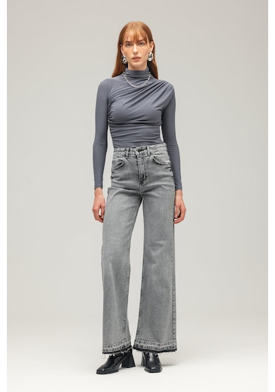 Saade Sââde Kadın Drapeli Boğazlı Uzun Kollu Örme Bluz - Slim Fit Antrasit