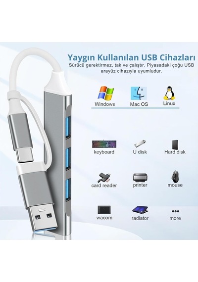 Lexroo 3360 Usb 3.0 Type C Hub 4 Port Çoklayıcı Çoğaltıcı Çevirici Dönüştürücü Adaptör 2'si 1 Arada