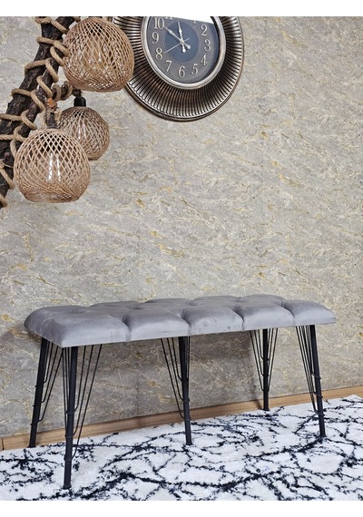 Zafir Metal Siyah Tel Ayaklı 100 Cm Puf Bench - Puf - Bench - Oturak - Mutfak Oturağı - Antre Oturağı Gri