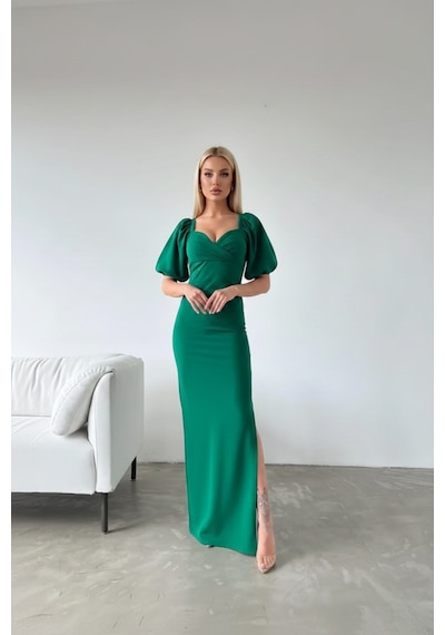 Defymoda Kadın Yırtmaçlı Şık Tasarım Krep Elbise Yeşil