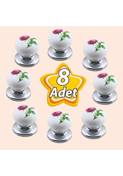 8 Adet Pembe Gül Desenli Beyaz Polimer Düğme Kulp Krom Tablalı Mobilya Mutfak Dolabı Çekmece Kulbu Kulpları