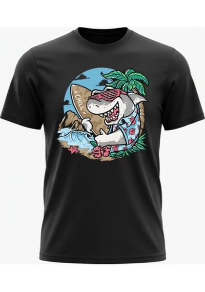 Urbantrendstore Unisex Köpekbalığı Sörf Tatil Oversize Fit Rahat Geniş Salaş T-shirt Günlük Tişört Siyah