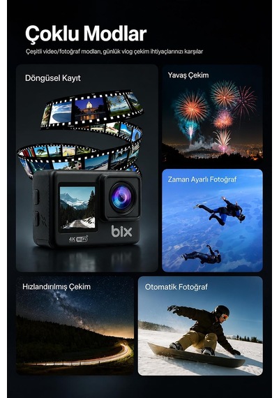 4k Ultra Hd Wi-fi Aksiyon Kamerası 20 Mp Çift Ekranlı 30 Metre Su Geçirmez Genel